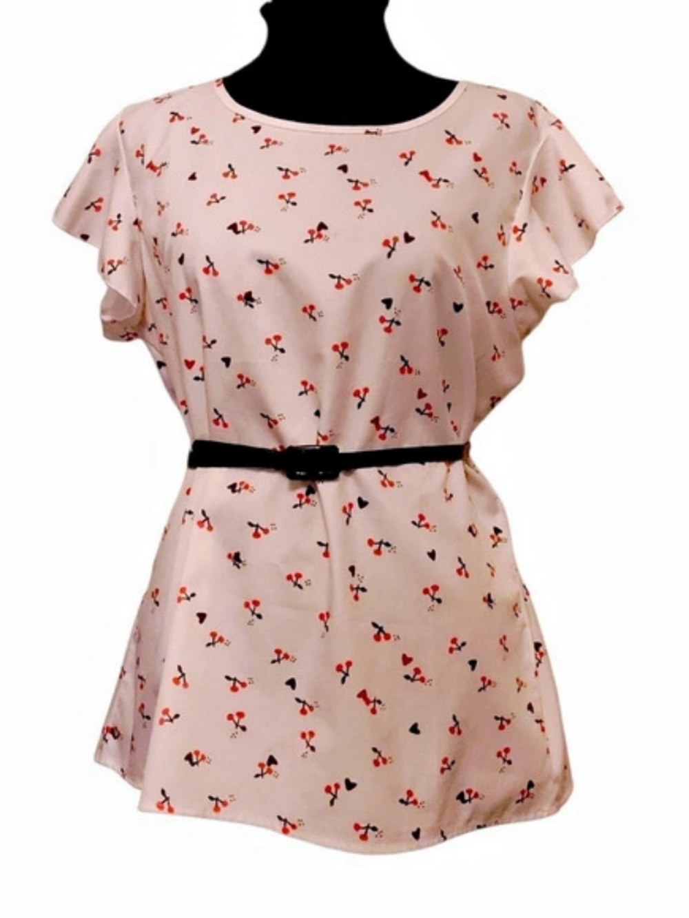 Floral Short Sleeve Blouse in White With Black, Red, And Green Print